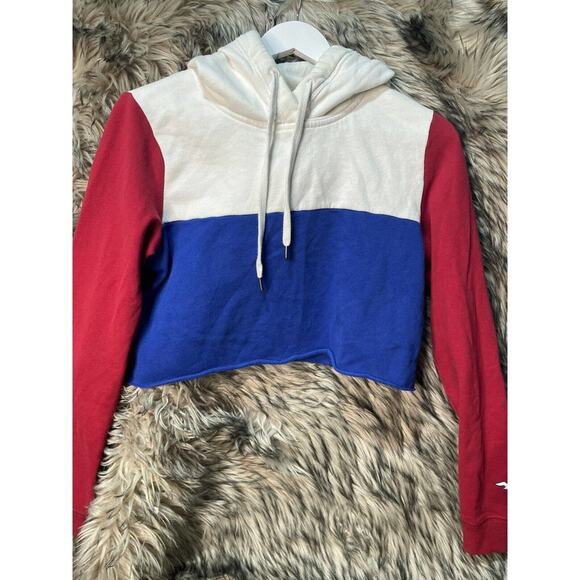 Hollister Red White and Blue Cropped Pull Over‎ Hooded Sweater Women's Size M - Picture 1 of 5